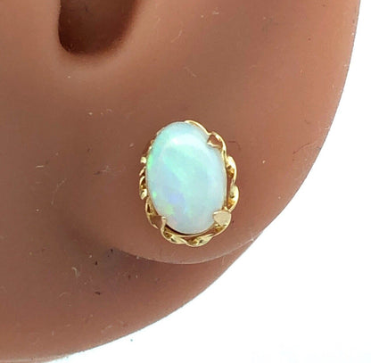 Estate 14K Yellow Gold Oval White Opal Cabochon Solitaire Stud Earrings