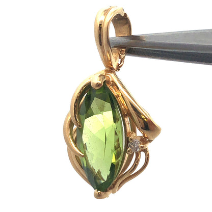 Vintage 14K Yellow Gold Marquise Peridot Round Diamond Accent Modernist Pendant