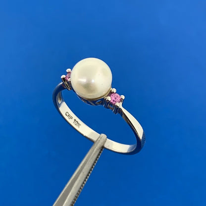 Designer 10K White Gold Pearl Ruby Accented Size 7 Ring