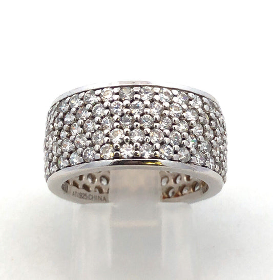 Designer ATI 925 Sterling Silver Round Cubic Zirconia CZ Pave Wide Band Ring