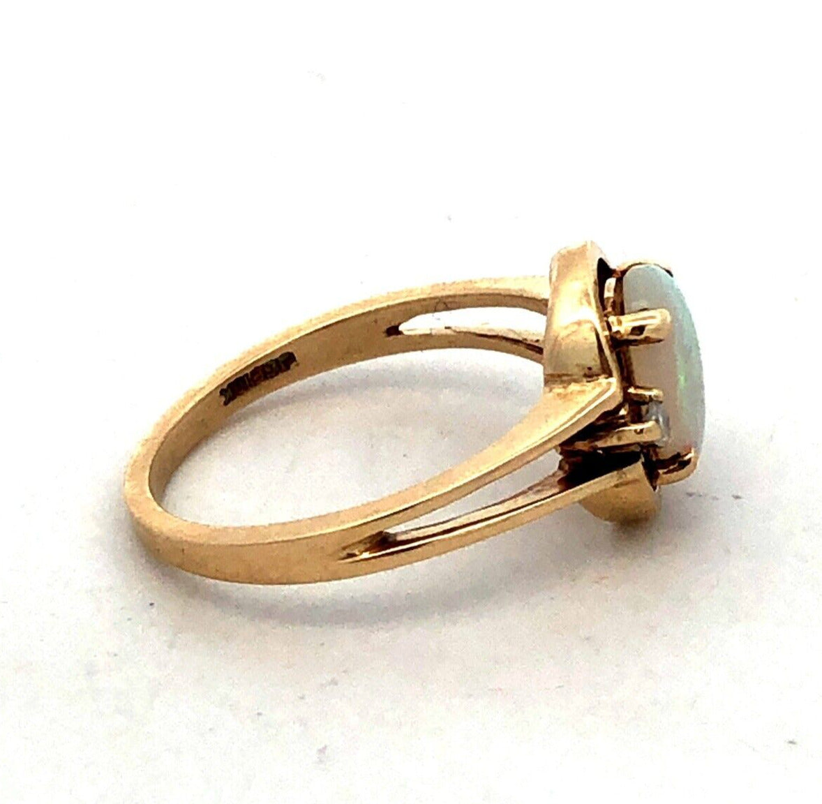 Designer JCE 10K Yellow Gold Oval White Opal Diamond October Birthstone Ring