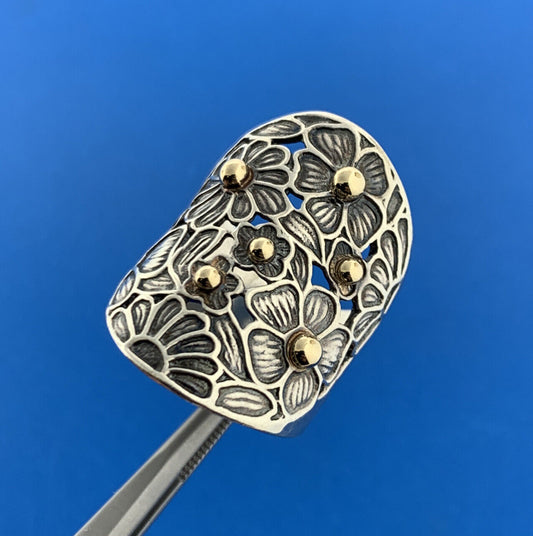 Noy Li Israel 14K Gold Sterling Silver 925 Floral Bead Motif Modernist Ring