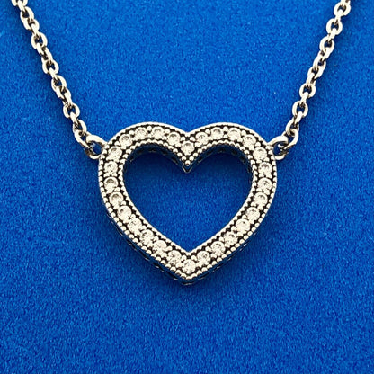 Designer PANDORA ALE Sterling Silver 925 CZ Sparkling Open Heart 17.5" Necklace