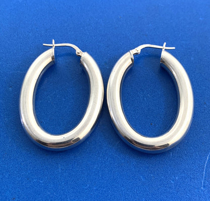 Designer Italy 925 Sterling Silver Large Polished Tubular Oval Hoop Earrings