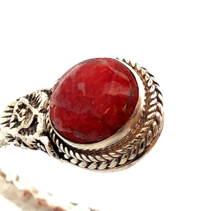 SARDA Sterling Silver Red Coral Radiant Roses Tip to Tip Hinged Cuff Bracelet