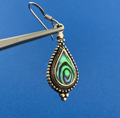 Beautiful 925 Sterling Silver Abalone Pear Shaped Balinese Style Dangle Earrings