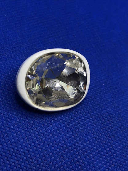Kenneth Jay Lane White Metal Oval Faceted Crystal Statement Clip On Earrings