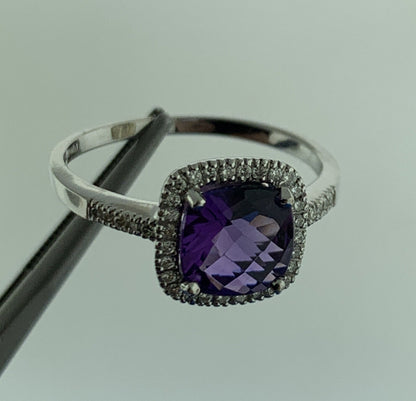Designer 14K White Gold Cushion Cut Amethyst Diamomd Halo Accented Ring