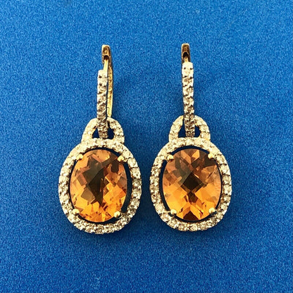 Estate KA 18K Yellow Gold Oval Citrine Diamond November Anniversary Earrings