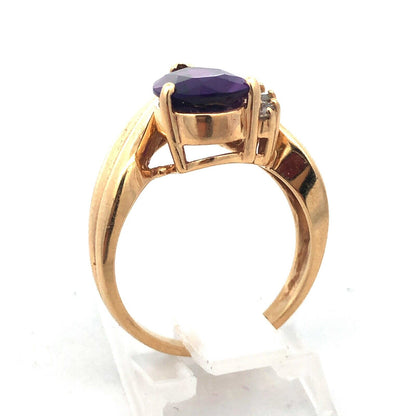 Gorgeous Modern 14k Yellow Gold Pear Cut Amethyst Diamond Accent Ring Size 5.75