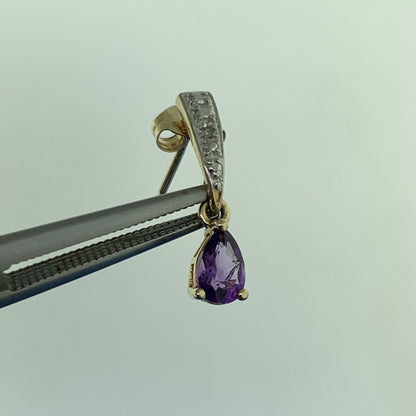 Estate Sterling Silver Vermeil Two Tone Amethyst Diamond Dangle Stud Earrings