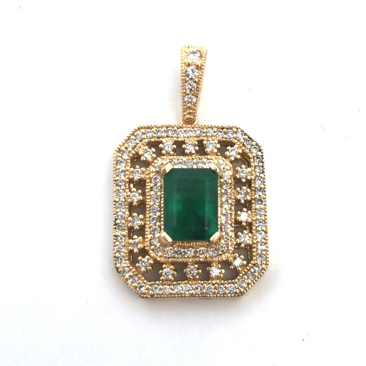 Designer 14K Yellow Gold Emerald Diamond Triple Halo Statement Estate Pendant