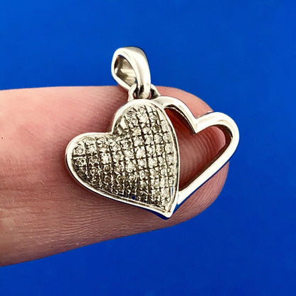 Designer 10K White Gold Diamond Double Heart Sweetheart Promise Charm Pendant