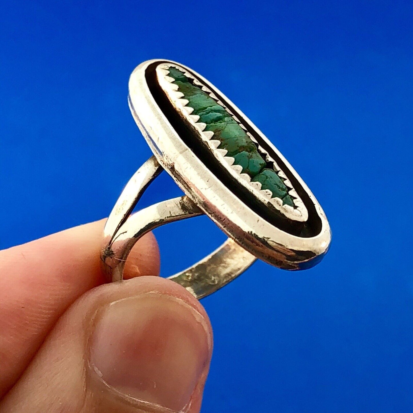 Signed Native American 925 Sterling Silver Turquoise Statement Finger Ring