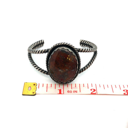 Vintage 925 Sterling Silver Brown Agate Cabochon Statement Open Cuff Bracelet