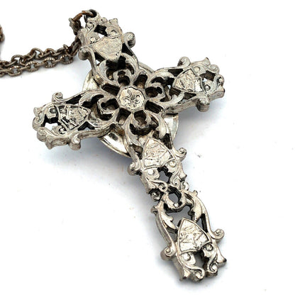 Vintage Silver Tone Lapis Lazuli Floral Scroll Dramatic Statement Cross Necklace
