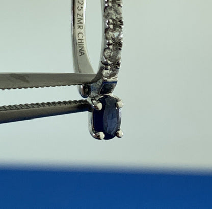 Designer 925 Sterling Silver Sapphire White Topaz Accented Huggie Hoop Earrings