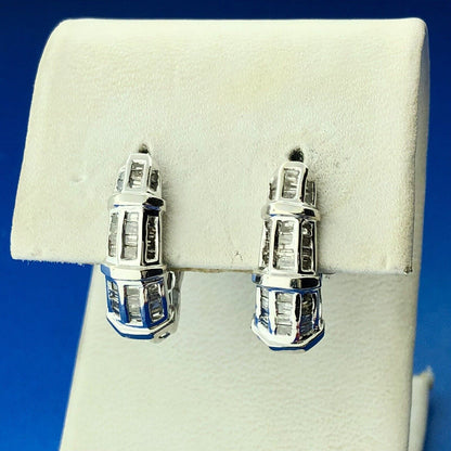 Stunning 14K White Gold Diamond J Hoop Omega Back Wedding Occasion Earrings