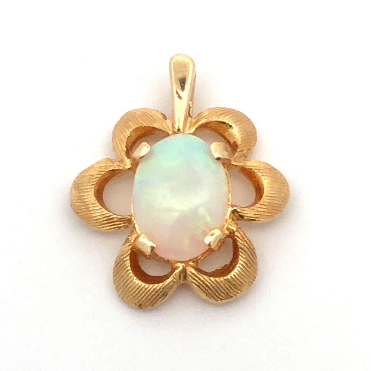 Modernist 14K Yellow Gold Oval Opal Textured Flower Shape Petite Pendant