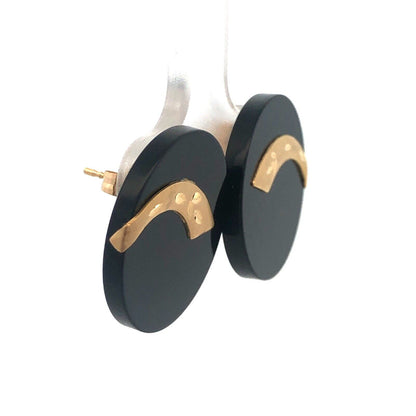 Retro 10K Yellow Gold Leaf Etched Black Resin Modernist Statement Stud Earrings