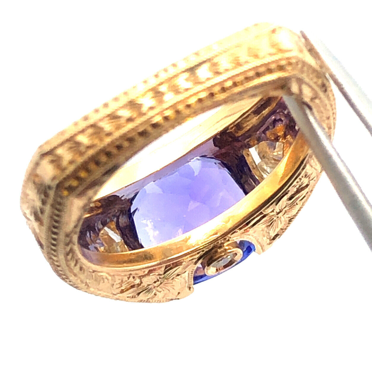 Designer 14K Yellow Gold Round Amethyst Diamond Floral Vintage Filigree Ring