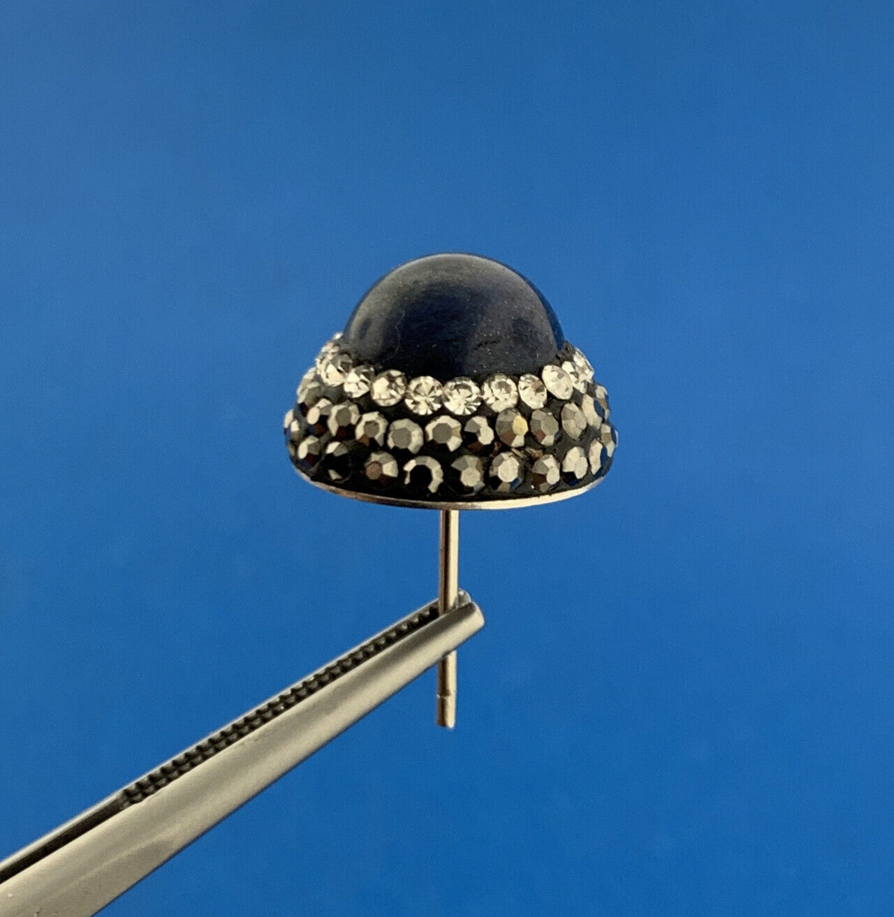 Retro Sterling Silver Lapis Lazuli Cubic Zirconia Marcasite Button Stud Earrings