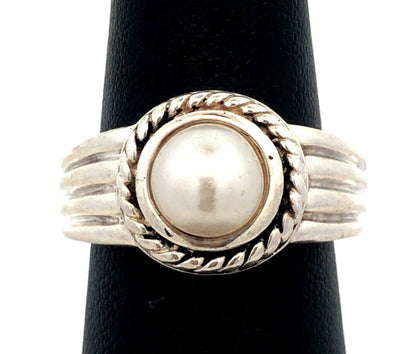 Designer AN 925 Sterling Silver Round White Pearl Solitaire Ring