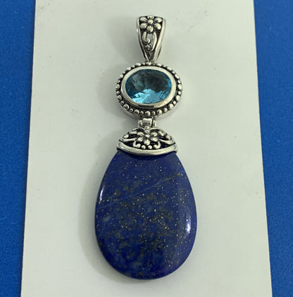 AF Sterling Silver Lapis-Lazuli Blue Cubic Zirconia Balinese Style Drop Pendant
