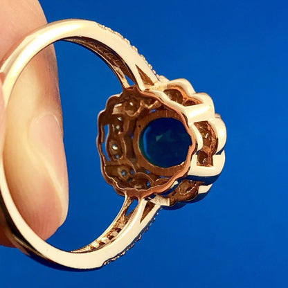 Strawberry Toned 925 Sterling Silver Oval Blue Cubic Zirconia White CZ Halo Ring