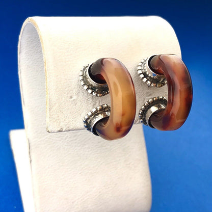 Vintage 925 Sterling Silver Amber Tube Half Hoop Stud Earrings