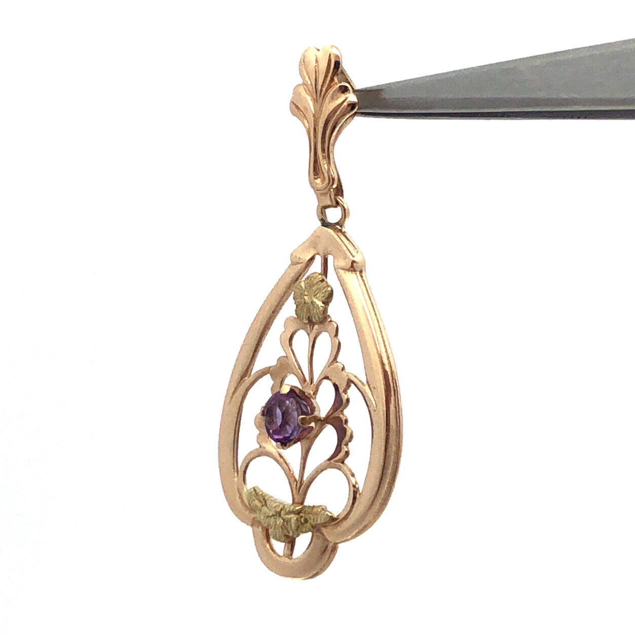 Designer Memco 10K Yellow Gold Round Amethyst Floral Floral Oval Pendant
