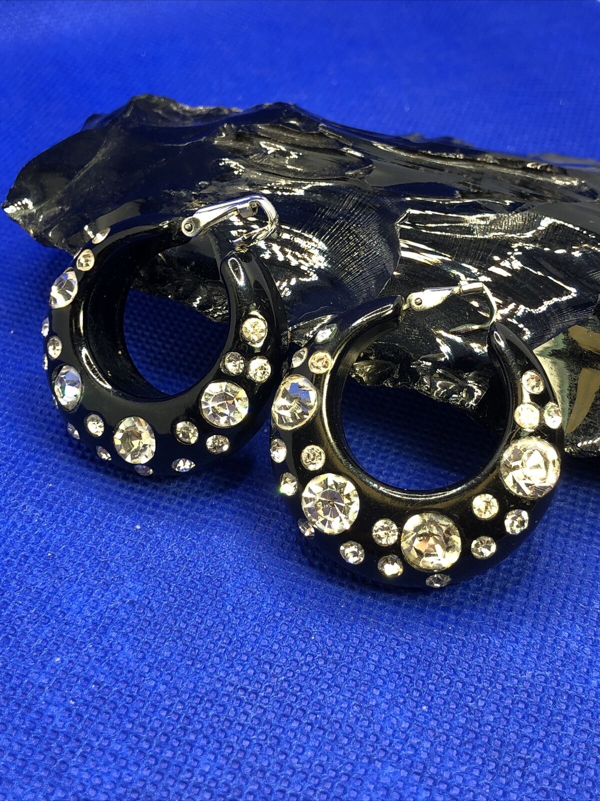 1980's Runway Glam Black Lacquer Lucite Rhinestone 2 Bracelets & Earrings Lot