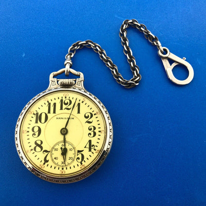 1928 Hamilton 14K White Gold-Filled Railroad Grade Open Face Pocket Watch w/Fob
