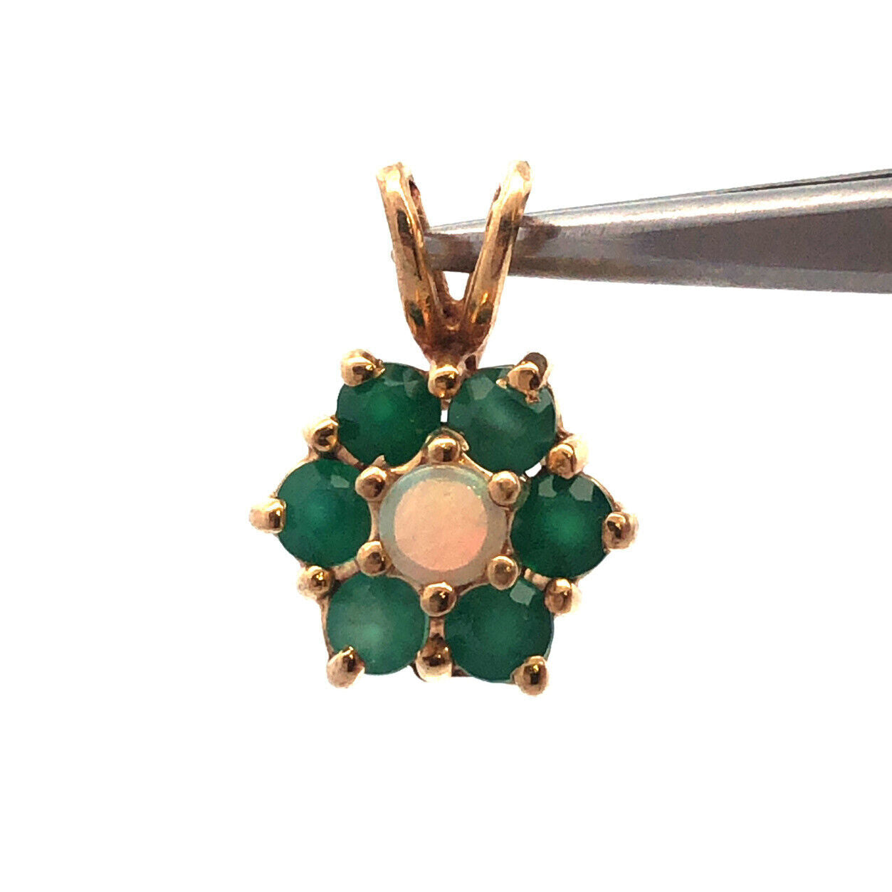 Gorgeous 14k Yellow Gold White Opal Round Cut Emerald Floral Cluster Pendant