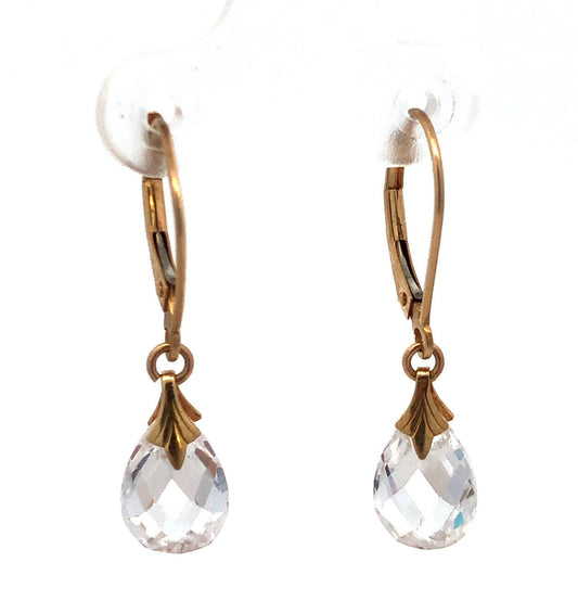 Designer JCM 14K Yellow Gold Cubic Zirconia Teardrop Leverback Dangle Earrings