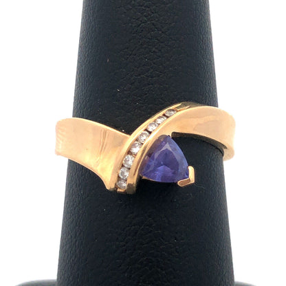 14k Yellow Gold Trillion Tanzanite Diamond Modernist Bypass Cocktail Ring