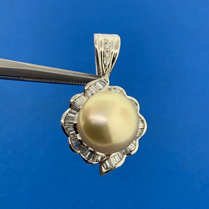 Estate 14K White Gold Pearl Diamond Baguette Halo Statement Enhancer Pendant