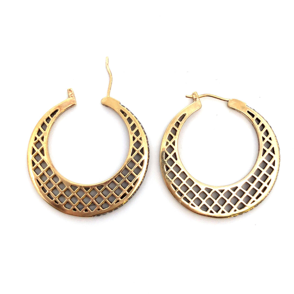 Vermeil 925 Sterling Silver Basket Weave Hoop Cubic Zirconia Border Earrings