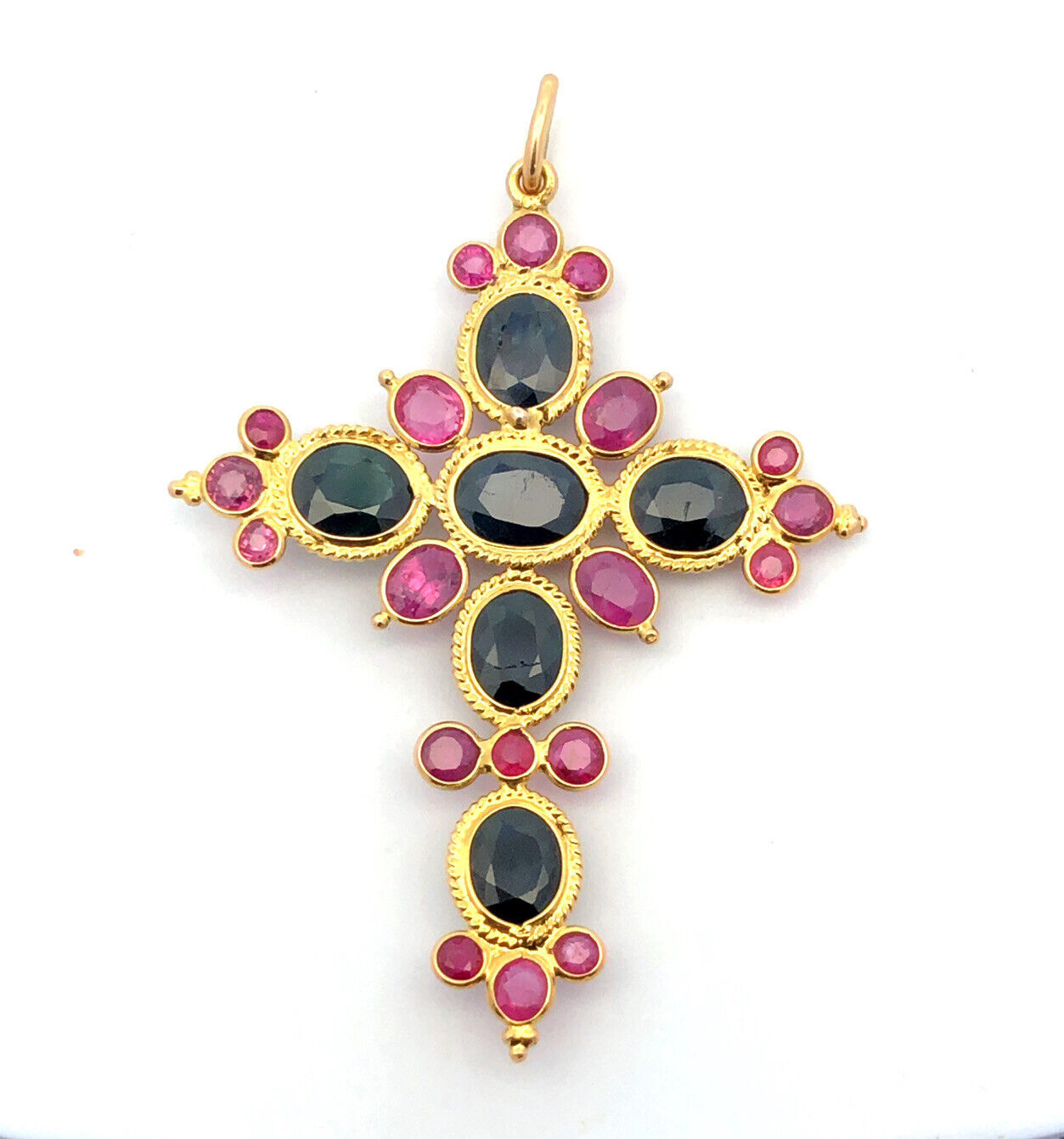 Estate 18K Yellow Gold Sapphire Ruby Statement Cross Religious Pendant