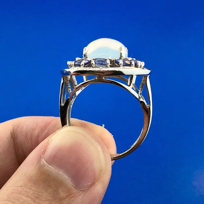 925 Sterling Silver Moonstone Tanzanite Diamond Double Halo Statement Ring