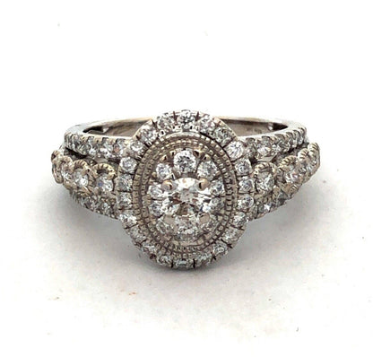 Designer GDM 14K White Gold Round Diamond Cluster Halo Oval Engagement Ring