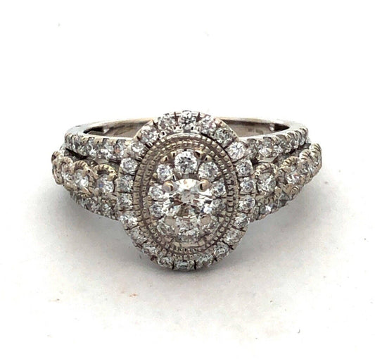 Designer GDM 14K White Gold Round Diamond Cluster Halo Oval Engagement Ring