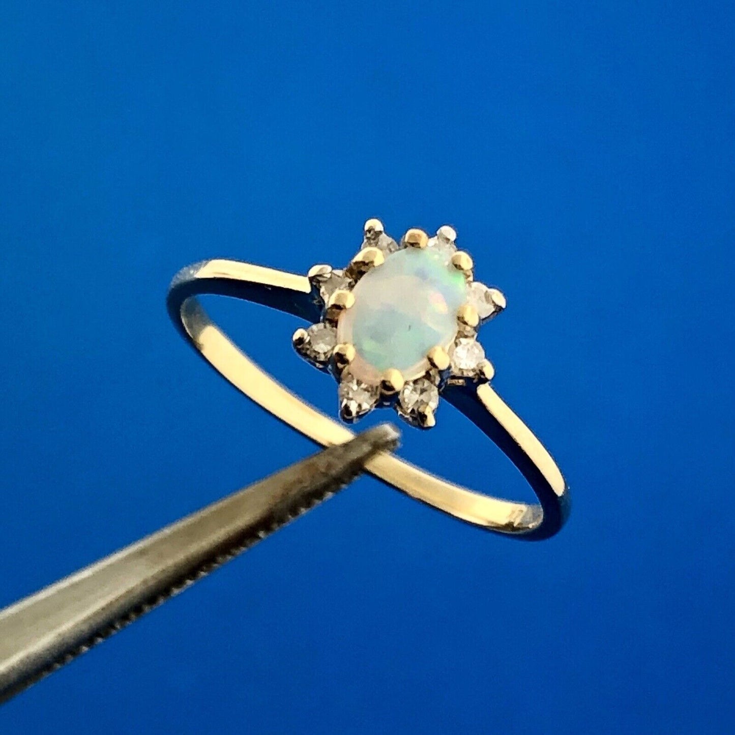 Vintage 14K Yellow Gold Oval Opal Cabochon Diamond Halo October Anniversary Ring