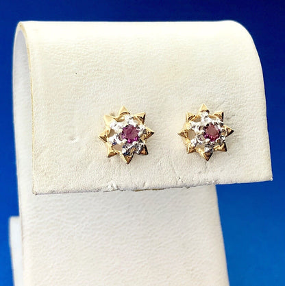 Retro 14K Yellow White Gold Ruby Starburst July Anniversary Stud Earrings