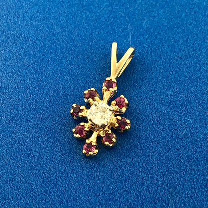Vintage 14K Yellow Gold Ruby Diamond Floral Starburst July Anniversary Pendant