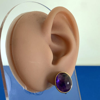 Vintage 14K Yellow Gold Amethyst Cabochon Hinged Statement Screw Back Earrings