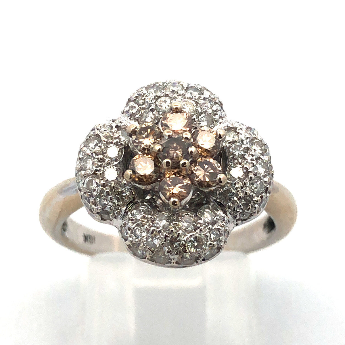 Designer 18K White Gold Champagne White Diamond Flower Statement Cocktail Ring