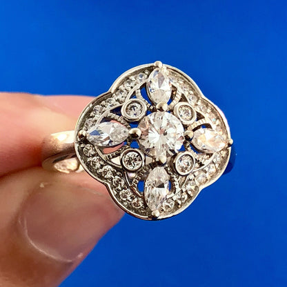 Stunning 14K White Gold Cubic Zirconia CZ Floral Cluster Engagement Dinner Ring