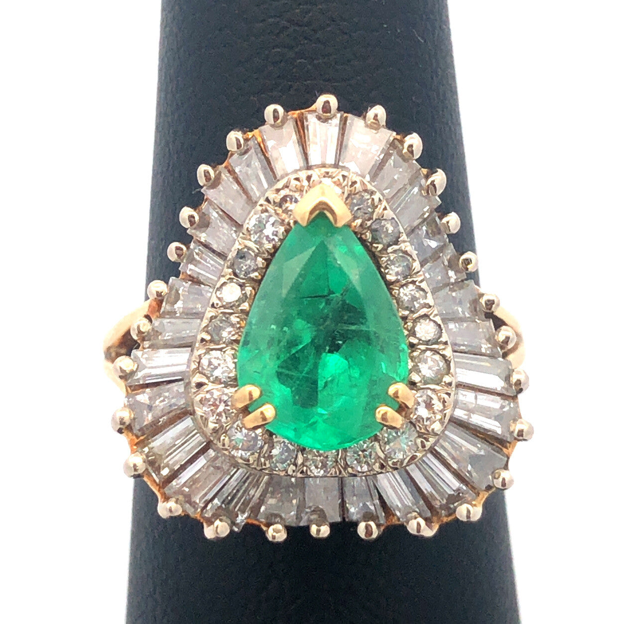 Vintage 14K Yellow Gold Pear Emerald Double Diamond Halo Statement Cocktail Ring