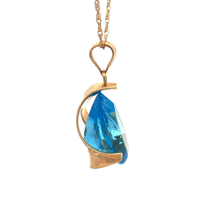Designer 14K Yellow Gold Pear Blue Topaz Solitaire Statement Pendant Necklace